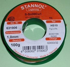 Tin met harskern 1mm, L 2Meter  Sn99Cu1  14gram nr. 34102-2